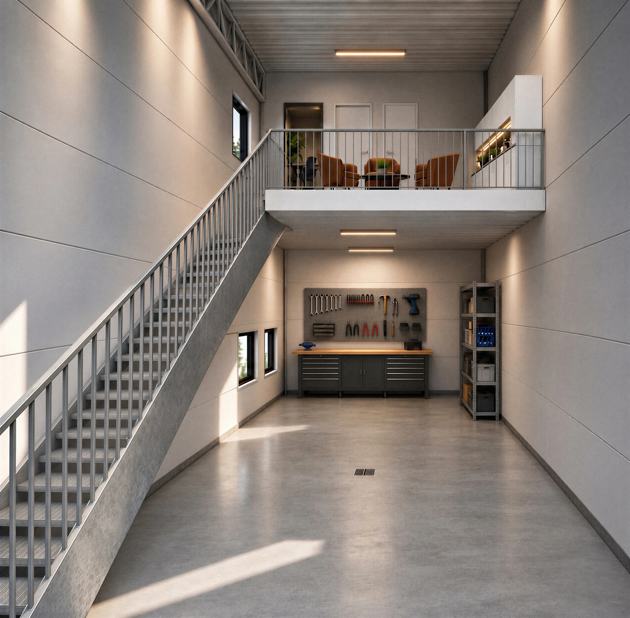 Interiörvisualisering av industribyggnad med verkstad, trappa och entresol