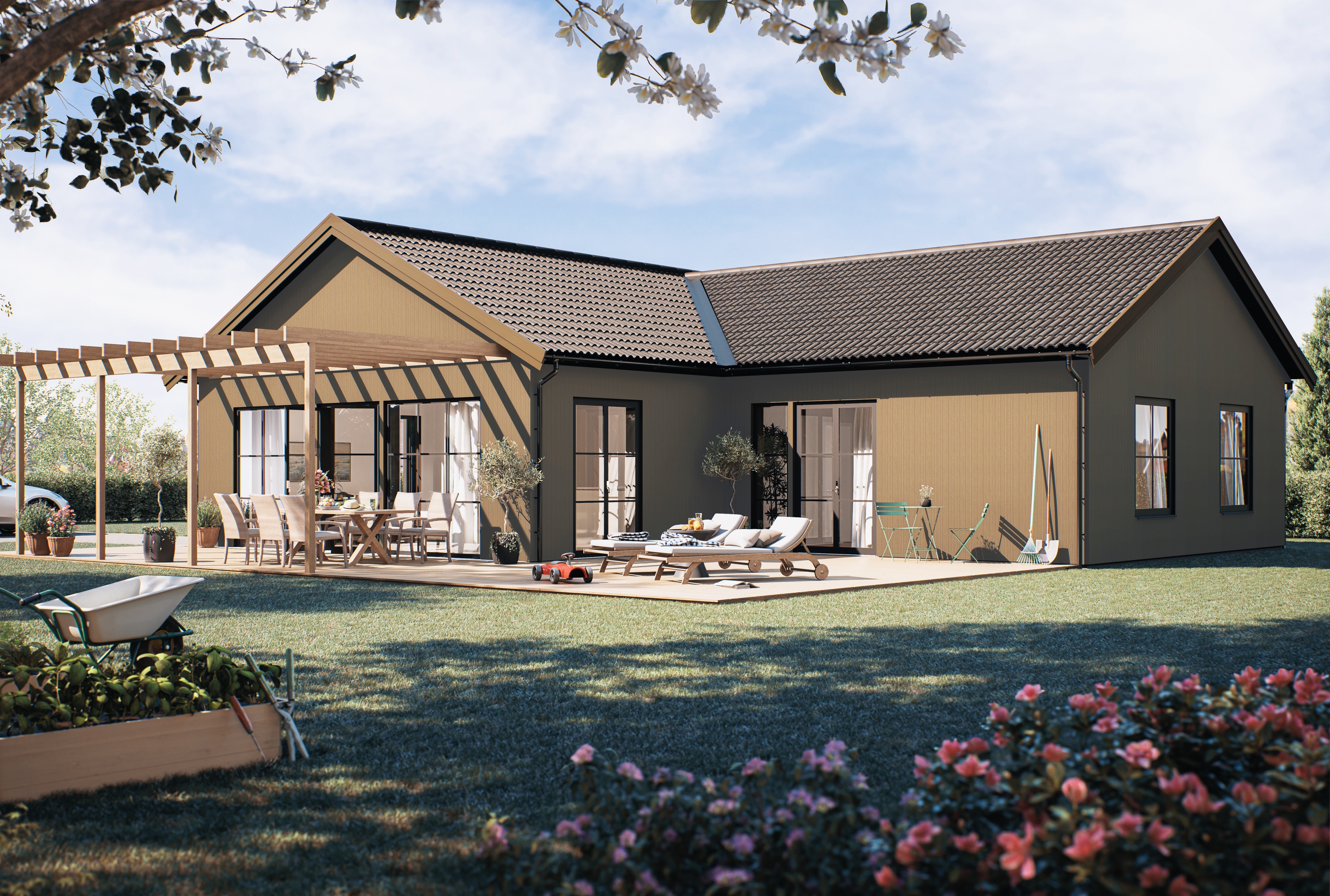 Vinkelvilla i modern stil. Rymlig altan och stor tomt med plats för lek, perfekt för barnfamiljer. Villan ligger med närhet till både natur och större städer med goda pendlingsmöjligheter. Till salu. Dalarna, Gagnef, Djurås, bo i villa, Sverige. Arkitektritad. Husdesign.